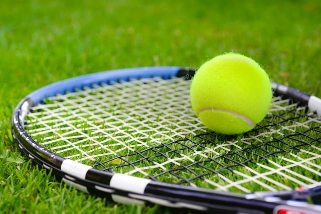 tennis racket and ball on grass court